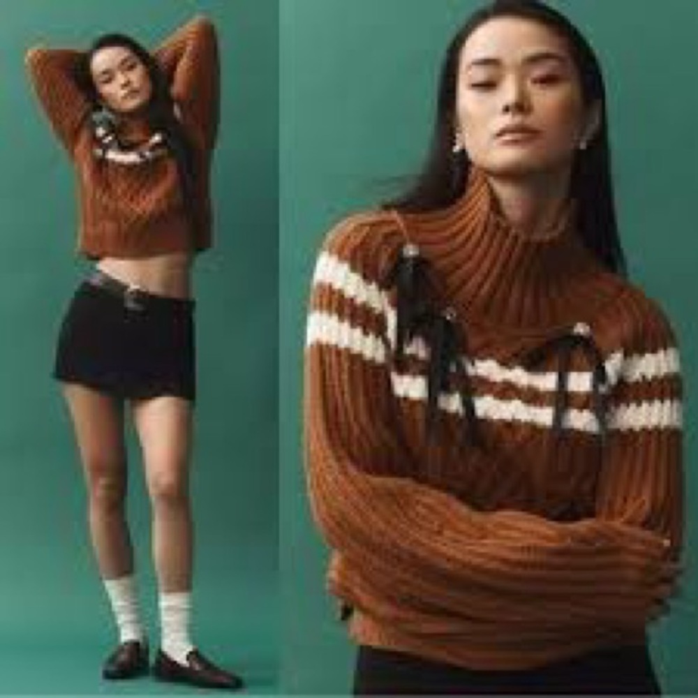 Anthropologie Maeve Turtleneck Balloon-Sleeve Bow Sweater Size Sm Honey